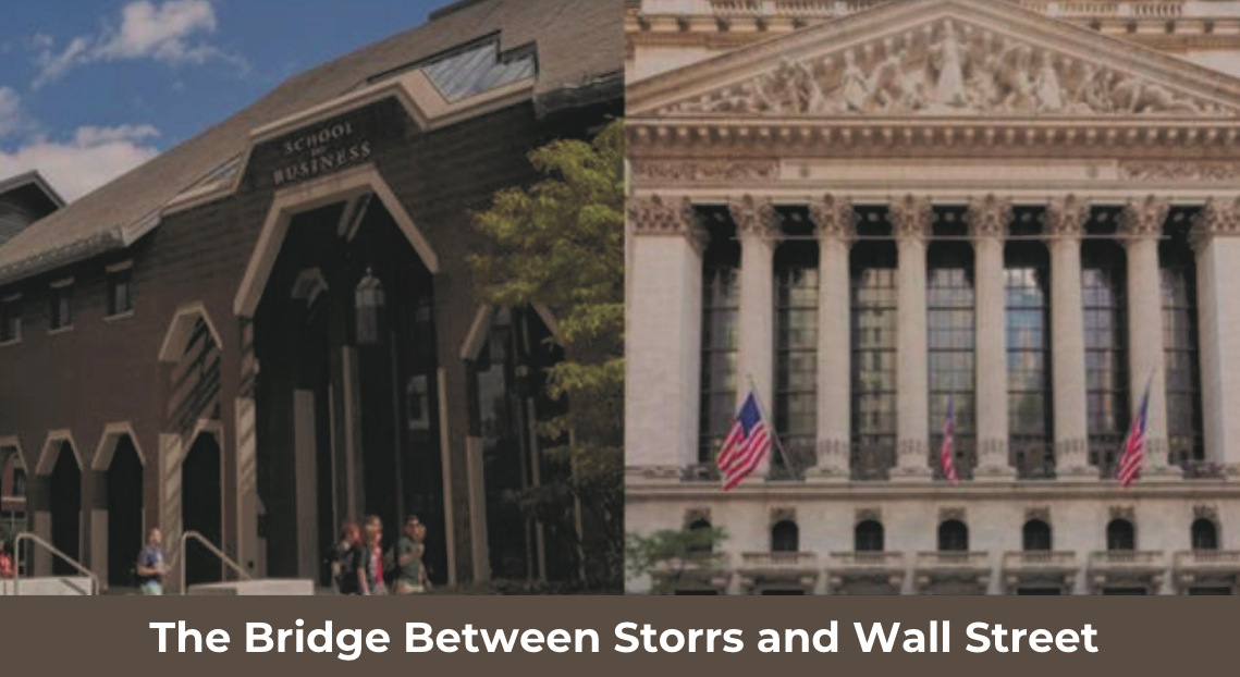 Two photos of buildings side-by-side with text "Bridge between Storrs and wall Street"